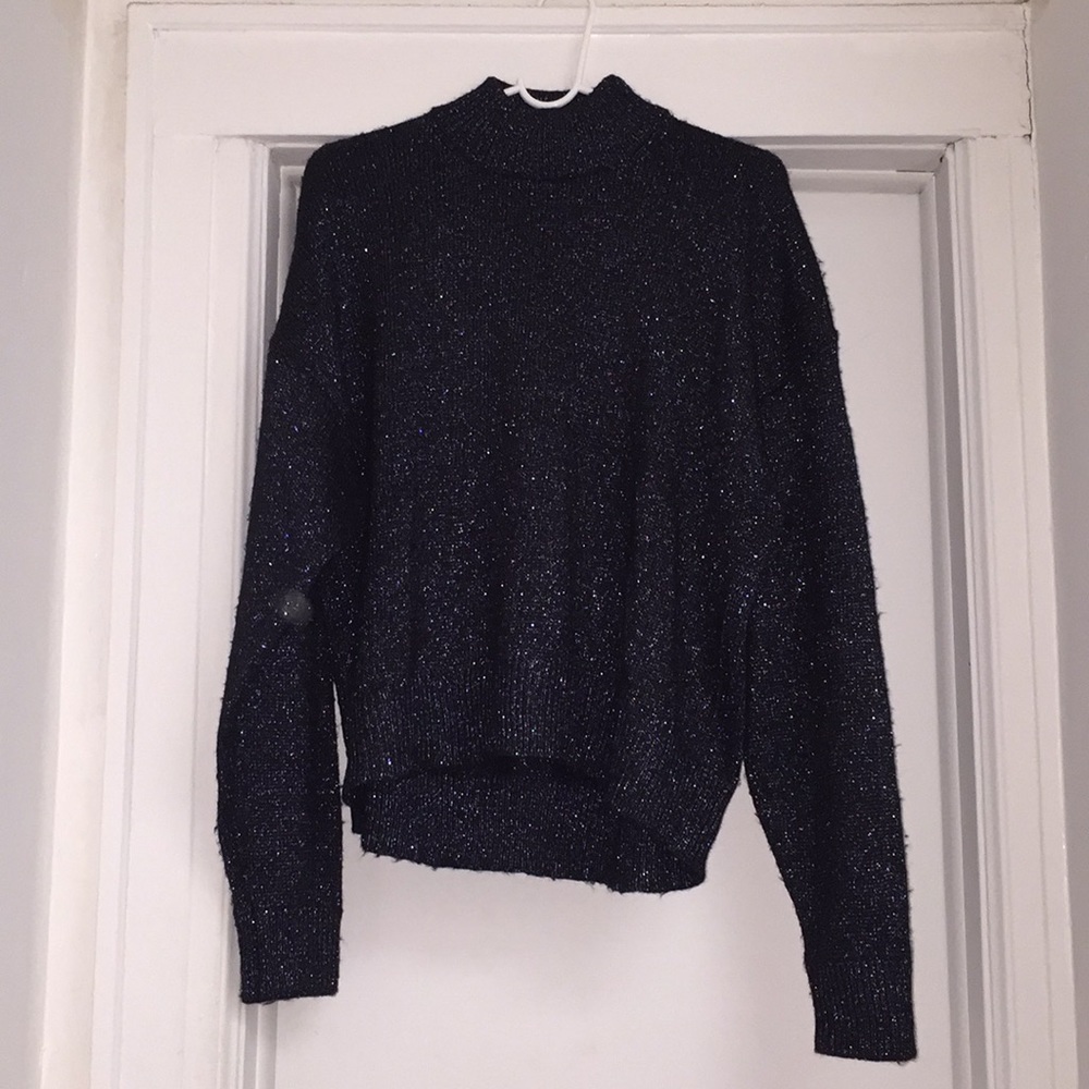 Zara Navy Metallic Glitter Mockneck Sweater, Large